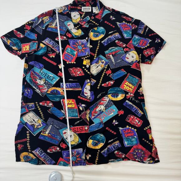 VTG Chico’s Design Pop Art Graphic Button-Up Shirt Women’s Size 2 Abstract Artsy - Picture 3 of 13